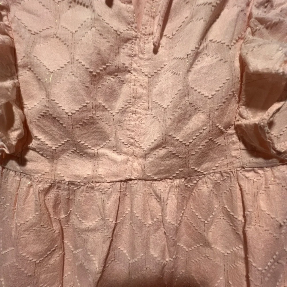 LOFT Blush Pink Textured Lace Flutter Sleeve Dress | Tie Neck | Tiered /Medium - Picture 4 of 6